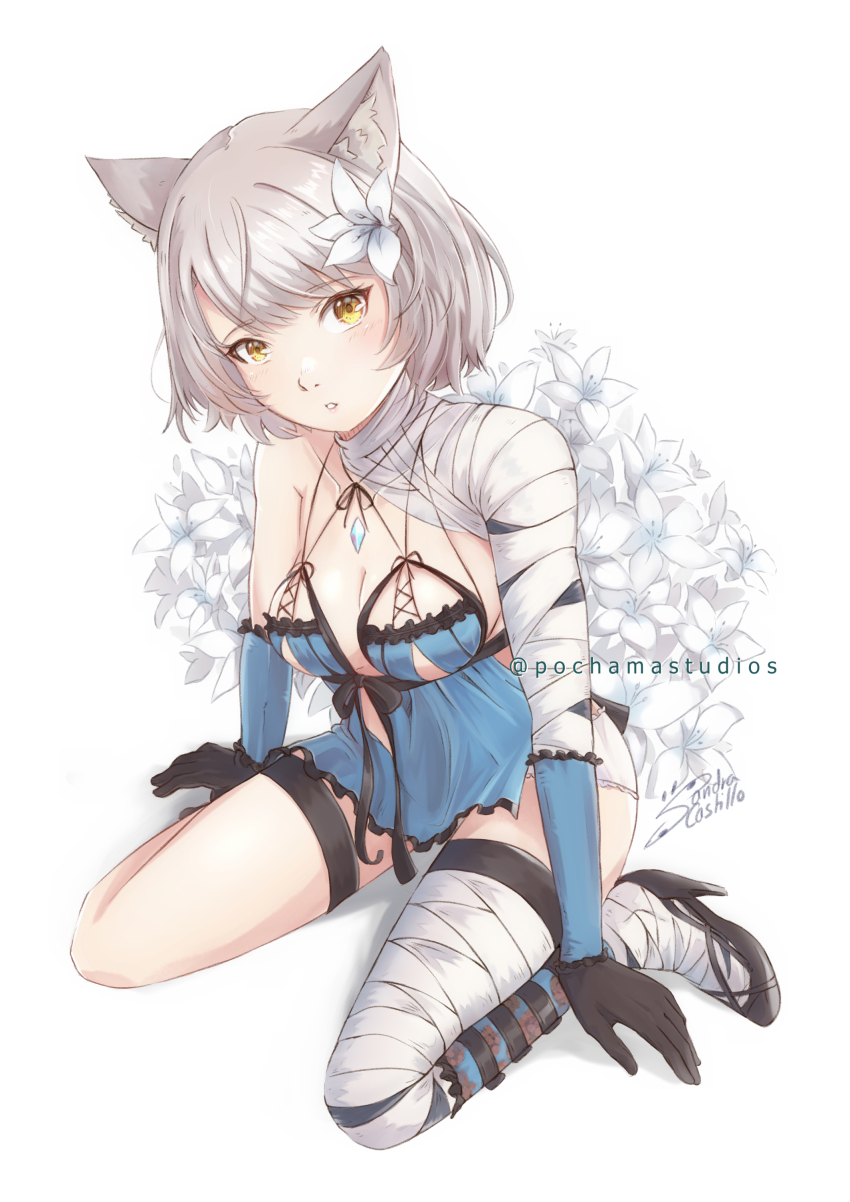 1girl absurdres animal_ear_fluff animal_ears artist_name bandaged_arm bandaged_leg bandaged_neck bandages black_gloves breasts cat_ears cat_girl commentary cosplay english_commentary flower gloves grey_hair hair_flower hair_ornament high_heels highres kaine_(nier) kaine_(nier)_(cosplay) large_breasts lingerie looking_at_viewer medium_hair mio_(xenoblade) negligee nier nier_(series) parted_lips pochamastudios signature sitting solo twitter_username underwear wariza white_background white_flower xenoblade_chronicles_(series) xenoblade_chronicles_3 yellow_eyes