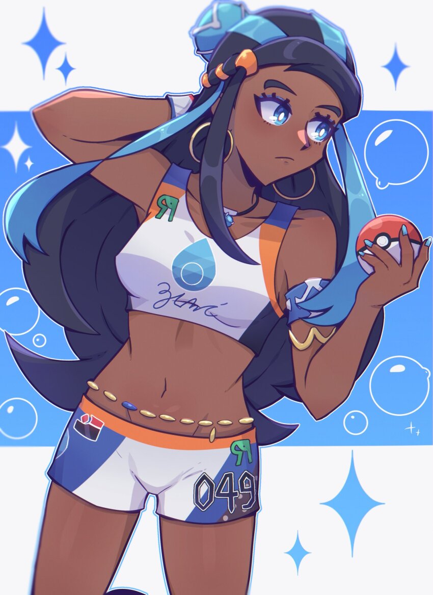 1girl armlet belly_chain black_hair blue_eyes blue_eyeshadow blue_hair crop_top dark-skinned_female dark_skin dynamax_band earrings eyeshadow gloves hair_bun highres holding holding_poke_ball hoop_earrings jewelry lunatuneflowers makeup multicolored_hair necklace nessa_(pokemon) nintendo parted_hair poke_ball poke_ball_(basic) pokemon pokemon_swsh single_glove single_hair_bun solo sports_bra two-tone_hair