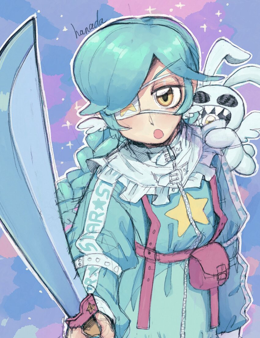 1girl alternate_costume annie_(skullgirls) belt_pouch blue_background braid green_hair half-closed_eyes hanada_(cobalt003) highres holding holding_sword holding_weapon jacket open_mouth pouch sagan_(skullgirls) skullgirls solo sparkle sword twin_braids upper_body weapon yellow_eyes zipper