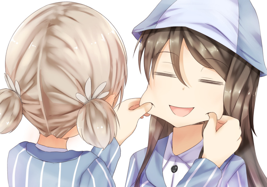 2girls aki_(girls_und_panzer) blue_sweater brown_hair cheek_pinching cheek_pull clip_studio_paint_(medium) closed_eyes collared_shirt from_behind girls_und_panzer grey_hair keizoku_school_uniform long_hair long_sleeves mika_(girls_und_panzer) multiple_girls nenosame open_mouth pinching school_uniform shirt short_hair short_twintails smile striped_hat sweater twintails vertical-striped_sweater white_shirt