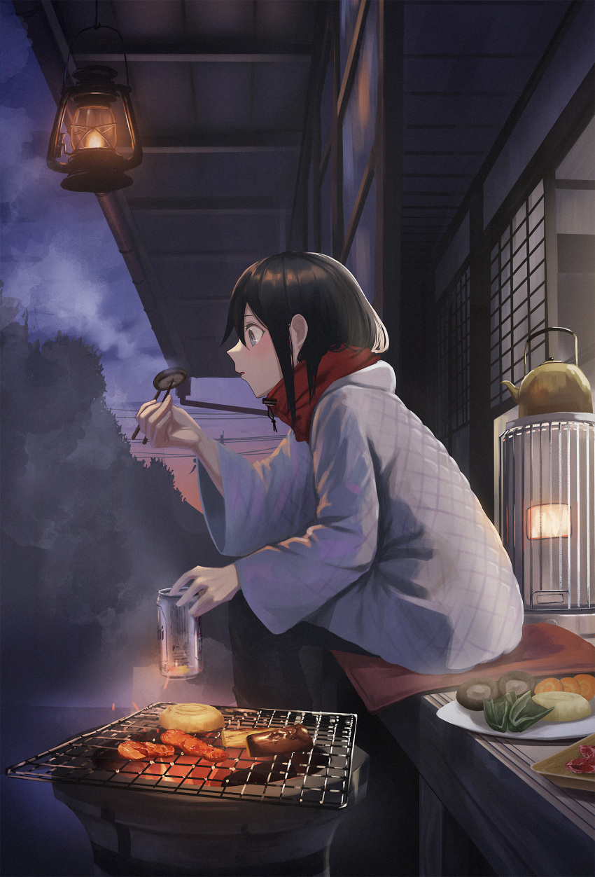 1girl alcohol architecture asahi_breweries beer beer_can black_hair black_pants blush can carrot chopsticks commentary_request cooking drink_can east_asian_architecture food from_side grey_eyes grey_jacket grill grilling hair_between_eyes heater highres holding holding_can holding_chopsticks holding_food jacket lantern layered_clothes medium_hair mushroom open_door open_mouth original outdoors pants red_jacket sidelocks sitting solo sunset teapot tree vegetable yakupan