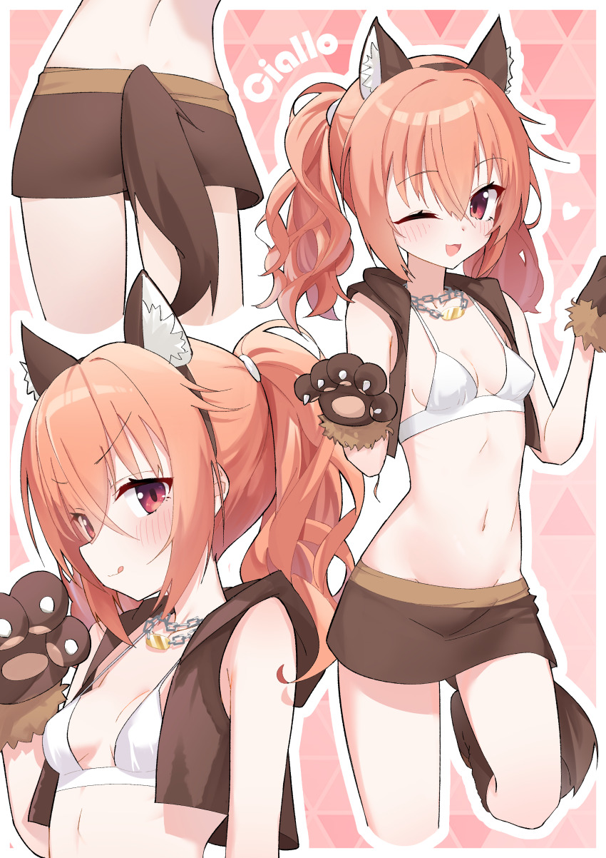 1girl :3 :q ;d absurdres animal_ear_fluff animal_ear_hairband animal_ears animal_hands back bare_shoulders blush boots border bra breasts brown_boots brown_hairband brown_skirt brown_vest chain chain_necklace charo_(meme) closed_mouth collarbone commentary covered_erect_nipples cowboy_shot eyes_visible_through_hair fake_animal_ears fake_tail fur-trimmed_gloves fur_trim gloves groin hair_between_eyes hairband halloween_costume hands_up happy heart highres inaba_meguru jewelry lcz long_hair looking_at_viewer meme miniskirt multiple_views navel necklace official_alternate_costume official_alternate_hairstyle one_eye_closed open_clothes open_mouth open_vest orange_hair outline outside_border paw_gloves pink_background red_eyes sanoba_witch sidelocks simple_background skirt small_breasts smile smug standing standing_on_one_leg stomach symbol-only_commentary tail tongue tongue_out twintails underwear upper_body v-shaped_eyebrows vest w_arms wavy_hair werewolf_costume white_border white_bra white_outline wolf_ears wolf_tail