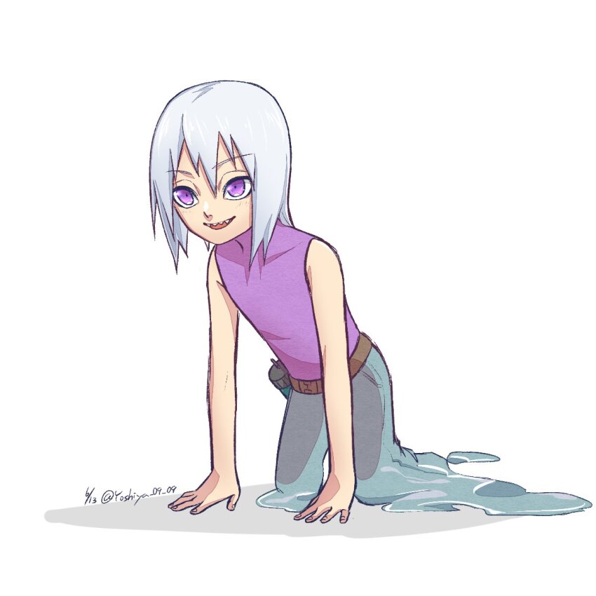 all_fours artist_name belt bottle brown_belt eyebrow_visible_through_hair grey_pants hair_between_eyes highres hoozuki_suigetsu male_focus melting naruto_(series) naruto_shippuuden open_mouth pants purple_eyes purple_shirt sharp_teeth shirt simple_background sleeveless sleeveless_shirt smile solo spiked_hair teeth water_bottle white_background white_hair yoshiya0909