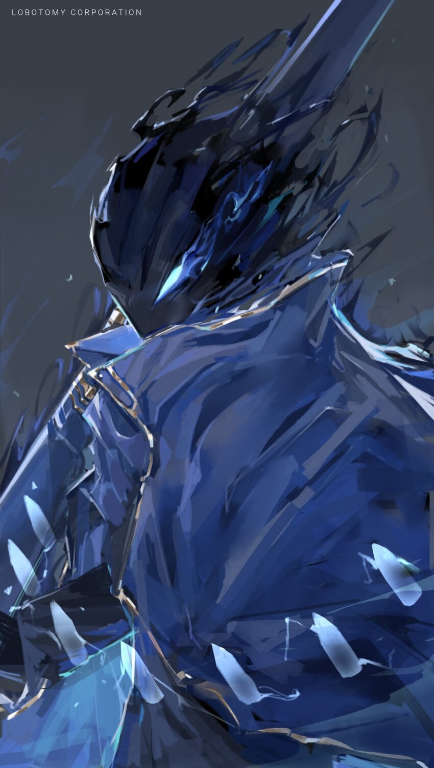 1boy black_background black_fire blue_cape blue_eyes bullet cape der_freischuetz_(project_moon) fire flaming_eyes flaming_head gold_trim gun highres lobotomy_corporation looking_at_viewer nameno92372763 project_moon rifle simple_background solo upper_body weapon