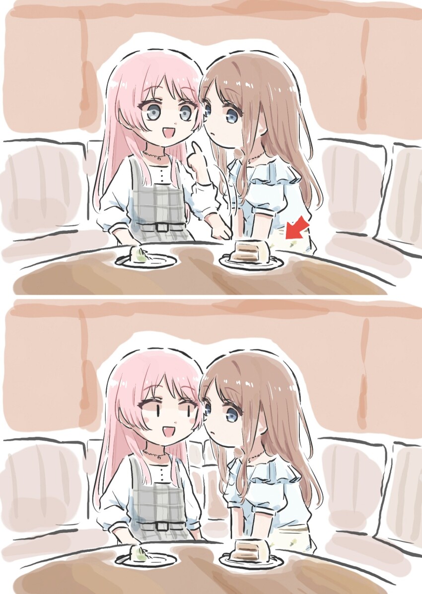 2girls arrow_(symbol) bang_dream! bang_dream!_it&#039;s_mygo!!!!! blue_eyes brown_hair cake chihaya_anon commentary_request dress fang food grey_dress grey_eyes highres leaning_forward long_hair lyy misunderstanding multiple_girls nagasaki_soyo open_mouth pinafore_dress pink_hair plaid_clothes plaid_dress shirt short_sleeves sidelocks sleeveless sleeveless_dress three-quarter_sleeves white_shirt yuri |_|