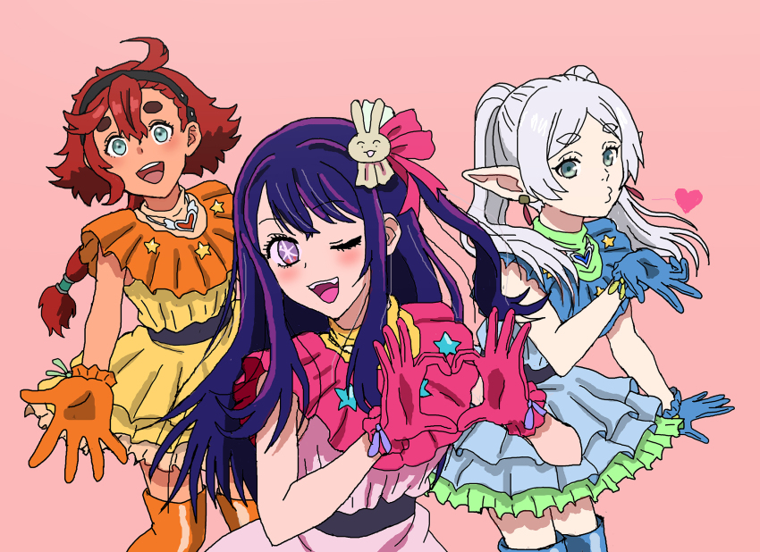 3girls aqua_eyes black_hairband blowing_kiss blue_gloves commentary_request cosplay crossover dark-skinned_female dark_skin dress earrings elf female_focus frieren frilled_dress frills gloves gundam gundam_suisei_no_majo hair_ornament hairband heart heart_hands highres hoshino_ai hoshino_ai_(oshi_no_ko)_(cosplay) idol jewelry long_hair low-tied_long_hair multiple_crossover multiple_girls one_eye_closed open_mouth orange_gloves oshi_no_ko pink_gloves pointy_ears ponytail puckered_lips purple_eyes purple_hair rabbit_hair_ornament red_hair shideboo_(shideboh) smile sousou_no_frieren suletta_mercury thick_eyebrows twintails white_hair wink