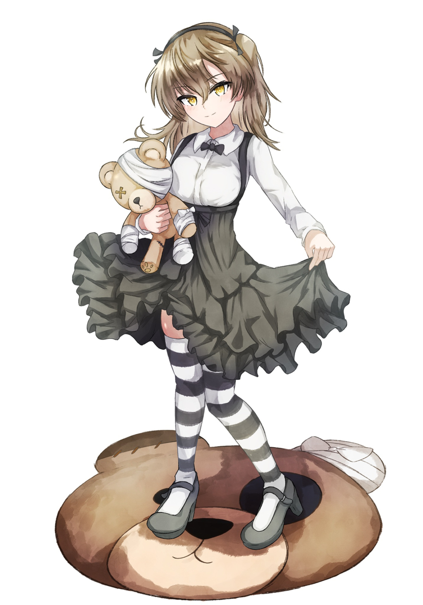 1girl black_bow black_bowtie black_ribbon black_shoes black_skirt black_thighhighs boko_(girls_und_panzer) bow bowtie brown_eyes brown_hair closed_mouth commentary dress_shirt full_body girls_und_panzer hair_ribbon high-waist_skirt highres holding holding_stuffed_toy long_hair long_sleeves looking_at_viewer mary_janes medium_skirt okanda one_side_up ribbon shimada_arisu shirt shoes simple_background skirt skirt_hold smile solo standing striped_clothes striped_thighhighs stuffed_animal stuffed_toy suspender_skirt suspenders teddy_bear thighhighs white_background white_shirt wing_collar