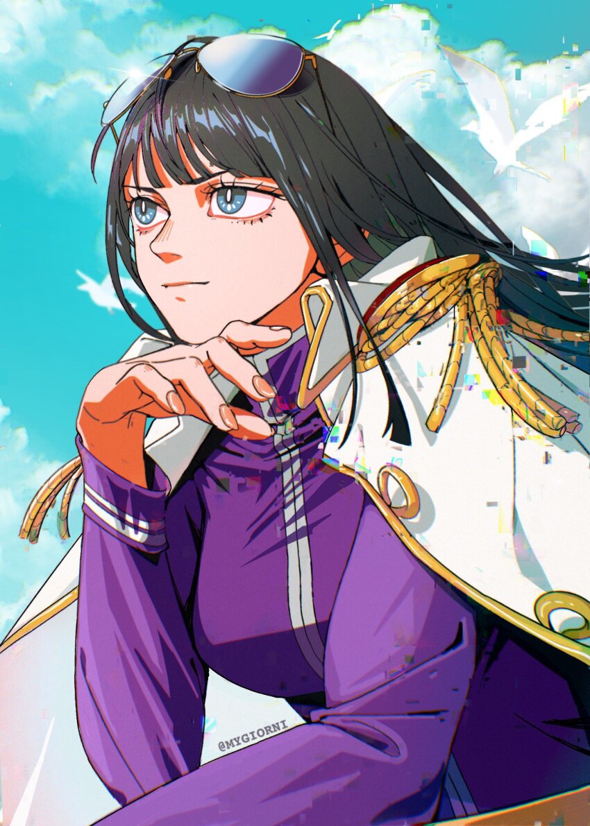 1girl bird black_hair blue_eyes blue_sky blunt_bangs blunt_ends cloud coat collared_coat commentary commission english_commentary epaulettes eyewear_on_head glint hand_on_own_chin high_collar highres jacket light_smile looking_ahead medium_hair mygiorni nico_robin nico_robin_(g-8) one_piece purple_jacket sky solo twitter_username upper_body white_coat