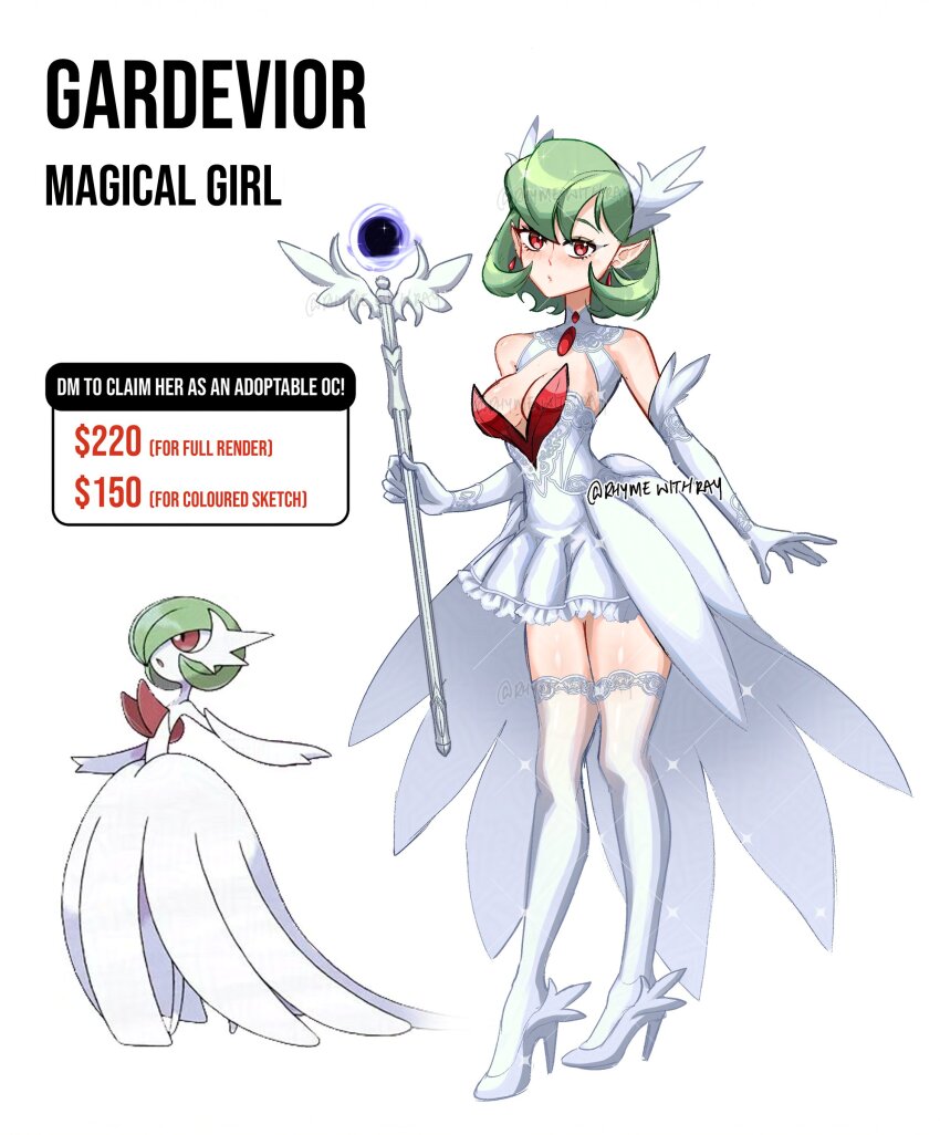 1girl absurdres black_hairband breasts cleavage dress gardevoir gen_3_pokemon green_hair hairband high_heels highres holding holding_staff humanization magical_girl nintendo pokemon red_eyes rhymewithray short_hair showgirl_skirt simple_background solo staff thighhighs typo white_background white_dress