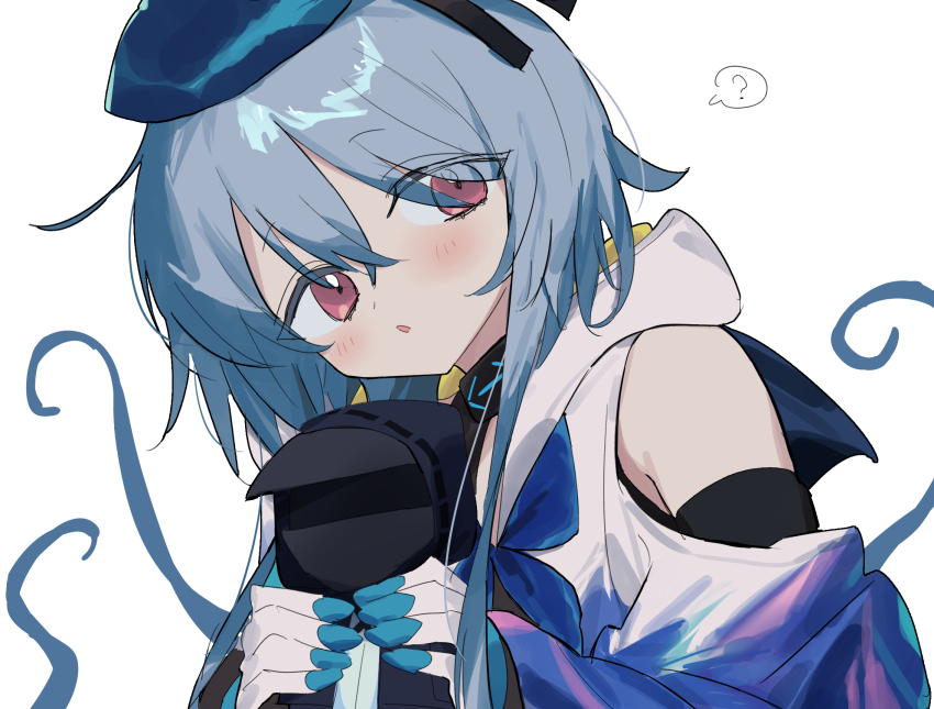 1boy ? arknights bare_shoulders beret blue_hair blue_hat character_doll clothing_cutout doctor_(arknights) doll gloves hair_between_eyes hat highres holding holding_doll hood hood_down long_hair male_focus match_bou_(match_match03) mizuki_(arknights) parted_lips red_eyes shoulder_cutout simple_background solo spoken_question_mark tentacles upper_body white_background white_gloves