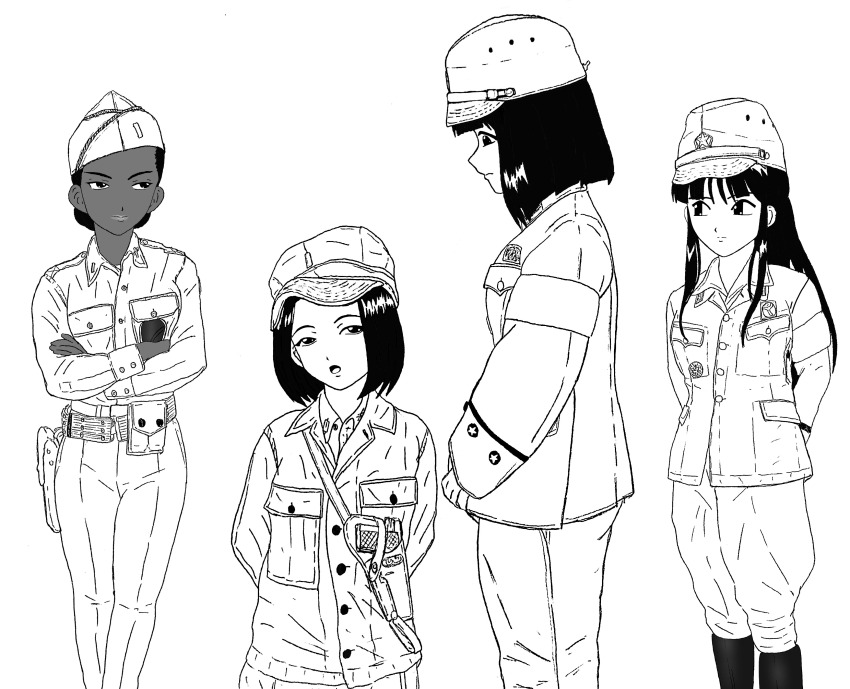 4girls absurdres alternate_costume arms_behind_back black_hair breasts crossed_arms dark-skinned_female dark_skin from_side hair_bun hat highres kitaooji_hanabi kneeling kujou_subaru legs medium_breasts military monochrome multiple_girls open_mouth pants ponytail sagitta_weinberg sakura_taisen sega shinguuji_sakura short_hair sideboob sketch small_breasts thighs