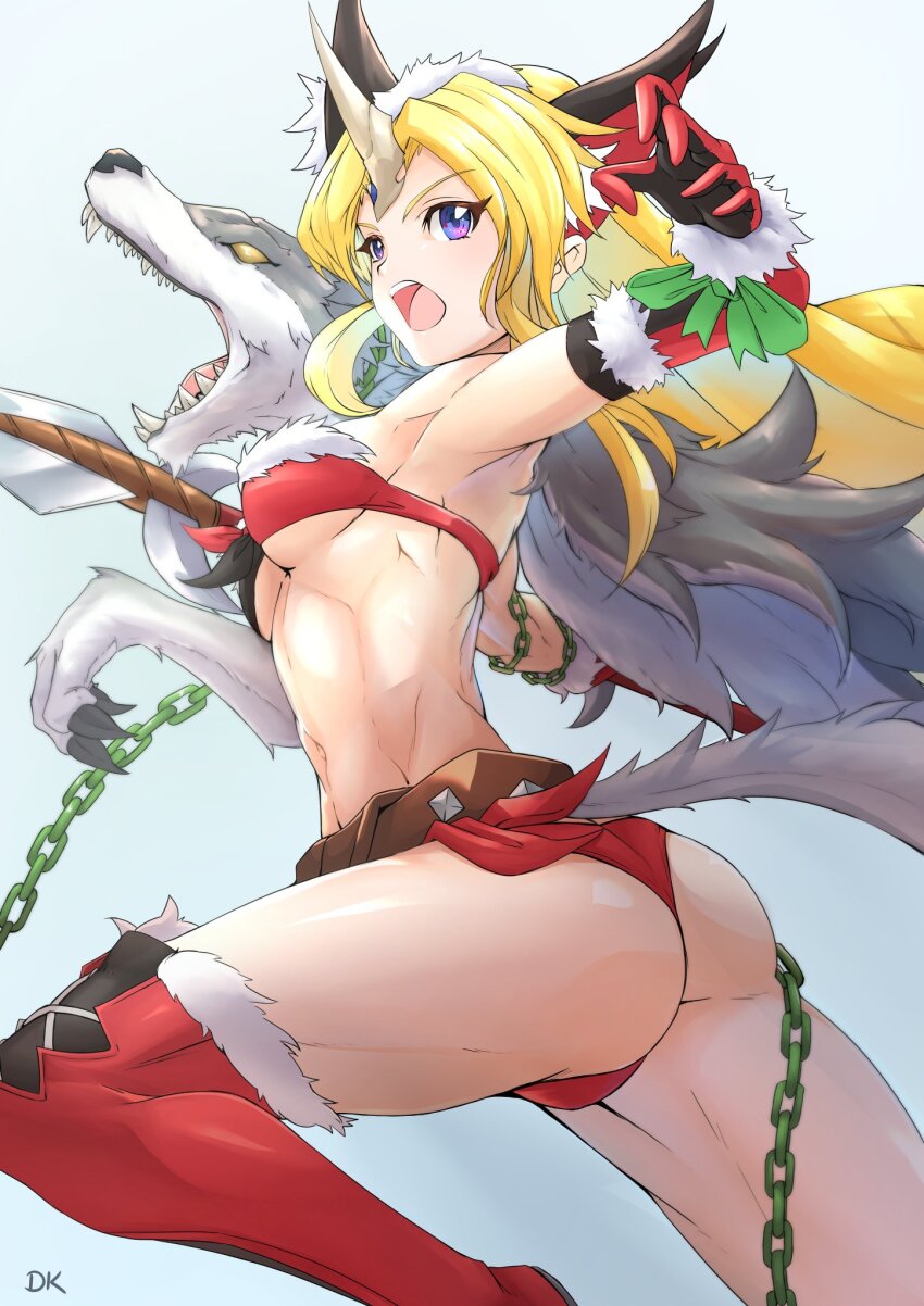 1girl alternate_costume ass bare_shoulders blonde_hair blue_eyes boots breasts chain deekei from_behind gloves highres horn long_hair looking_at_viewer open_mouth polearm riesz seiken_densetsu seiken_densetsu_3 sideboob solo_focus spear tail thick_thighs thigh_boots thighs thong very_long_hair weapon wolf wolf_tail