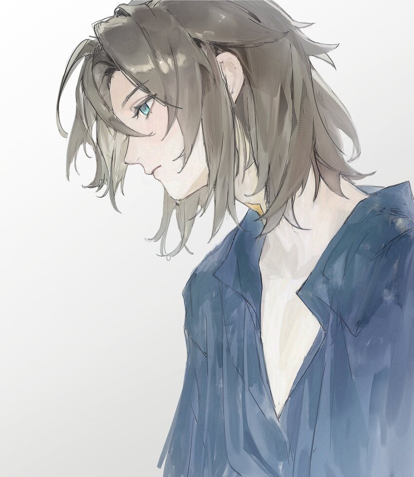 1boy absurdres aji_11300913 albedo_(genshin_impact) blonde_hair blue_eyes blue_robe closed_mouth expressionless genshin_impact highres looking_down looking_to_the_side male_focus medium_hair robe simple_background solo upper_body wet white_background