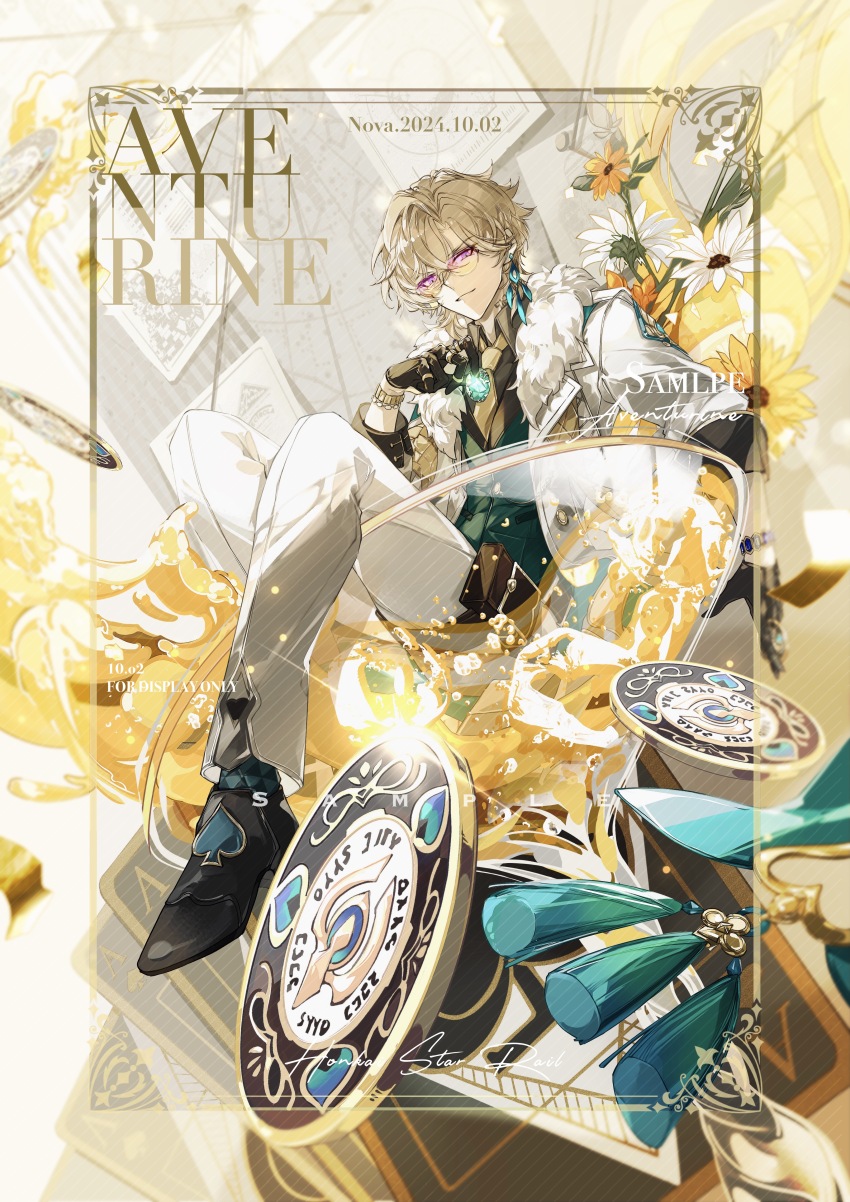 1boy absurdres argyle_clothes argyle_socks aventurine_(honkai:_star_rail) aventurine_(star_rail_live_2024)_(honkai:_star_rail) between_fingers black_gloves black_shirt black_shoes black_socks blonde_hair bracelet bulletin_board card character_name cocktail_glass collared_shirt cup dated drink drinking_glass earrings flower full_body fur-trimmed_jacket fur_trim gem gloves gradient-tinted_eyewear green_gemstone green_vest hair_between_eyes highres holding holding_gem holding_poker_chip honkai:_star_rail honkai_(series) in_container in_cup jacket jewelry long_sleeves looking_at_viewer male_focus multiple_rings neck_tattoo necktie nnnnnova official_alternate_costume pants parted_lips pink-tinted_eyewear playing_card poker_chip pouch procreate_(medium) purple_eyes ring sample_watermark shirt shoes short_hair sideways_glance single_earring sitting sleeve_cuffs smile socks solo spade_(shape) stole sunglasses tassel tattoo thigh_pouch three-quarter_sleeves tinted_eyewear v-shaped_eyebrows vest watch watermark white_flower white_jacket white_pants wristwatch yellow-tinted_eyewear yellow_flower yellow_necktie