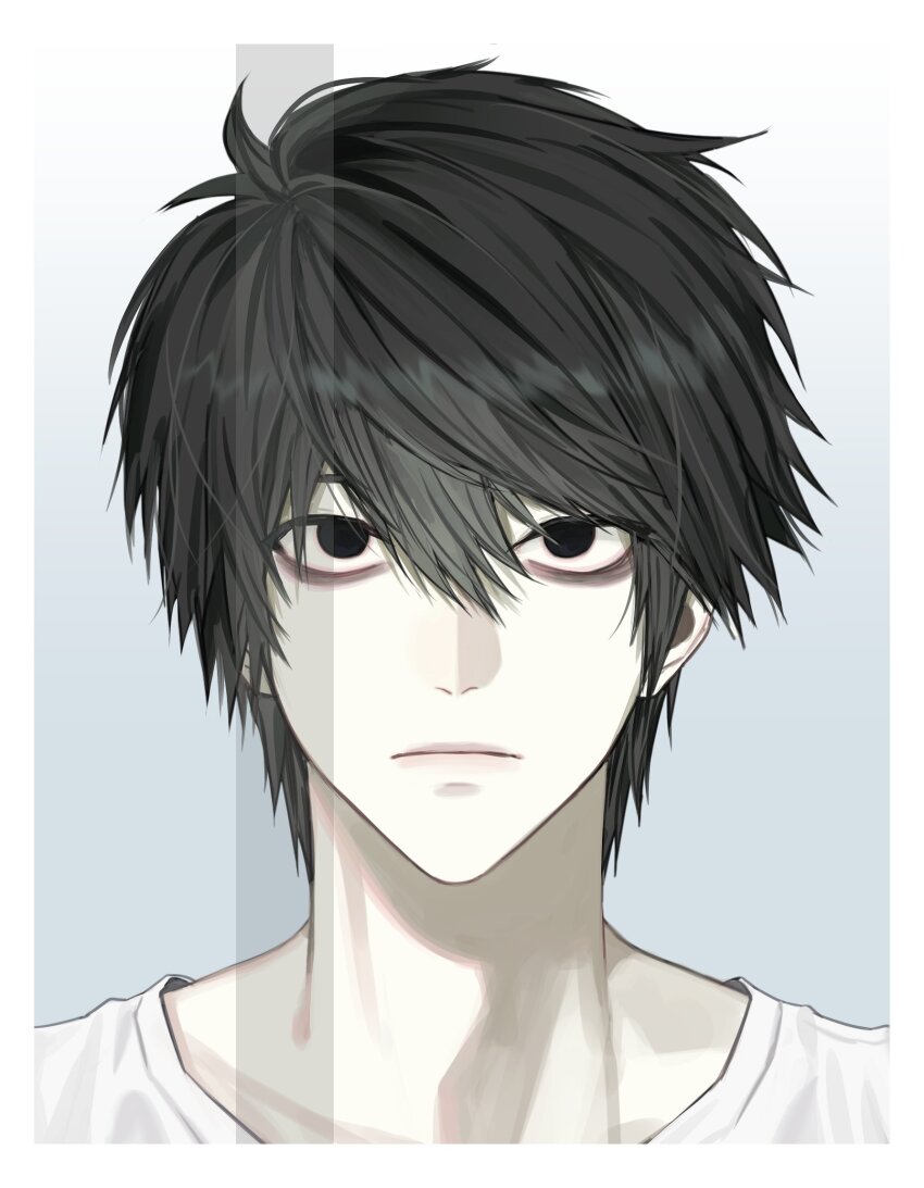 1boy bags_under_eyes black_eyes black_hair border death_note eoseo88 expressionless hair_between_eyes highres l_(death_note) looking_at_viewer male_focus portrait shirt short_hair simple_background solo white_border white_shirt