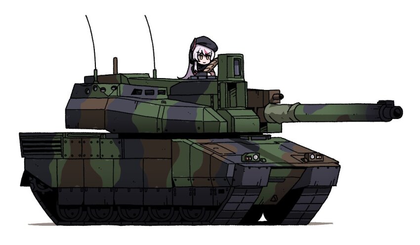 1girl arianna_foxton baguette beret black_hat bread camouflage caterpillar_tracks food grey_hair hat holding holding_food indie_virtual_youtuber karepack leclerc_(tank) military_vehicle motor_vehicle multicolored_hair pink_hair second-party_source simple_background solo tank two-tone_hair virtual_youtuber white_background yellow_eyes