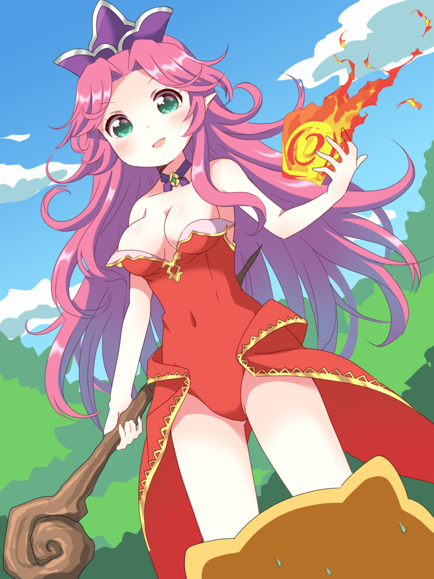 1girl :d angela_(seiken_densetsu_3) bare_shoulders blue_sky blush breasts choker cleavage cloud covered_navel fire gold_trim green_eyes hat highres holding holding_staff leotard long_hair looking_at_another magic medium_breasts open_mouth outdoors pointy_ears purple_choker purple_hair purple_headwear rabite_(seiken_densetsu) red_leotard seiken_densetsu seiken_densetsu_3 sky smile staff standing sweat usagi_koushaku very_long_hair