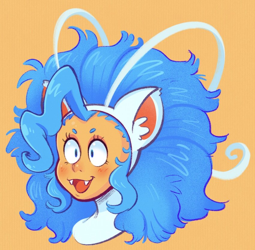 animal_ears big_hair blue_eyes blue_hair blush cartoonized cat_ears cat_girl commentary darkstalkers english_commentary felicia_(darkstalkers) head_only highres long_hair mostlyghostly open_mouth sharp_teeth simple_background smile teeth toon_(style) white_fur