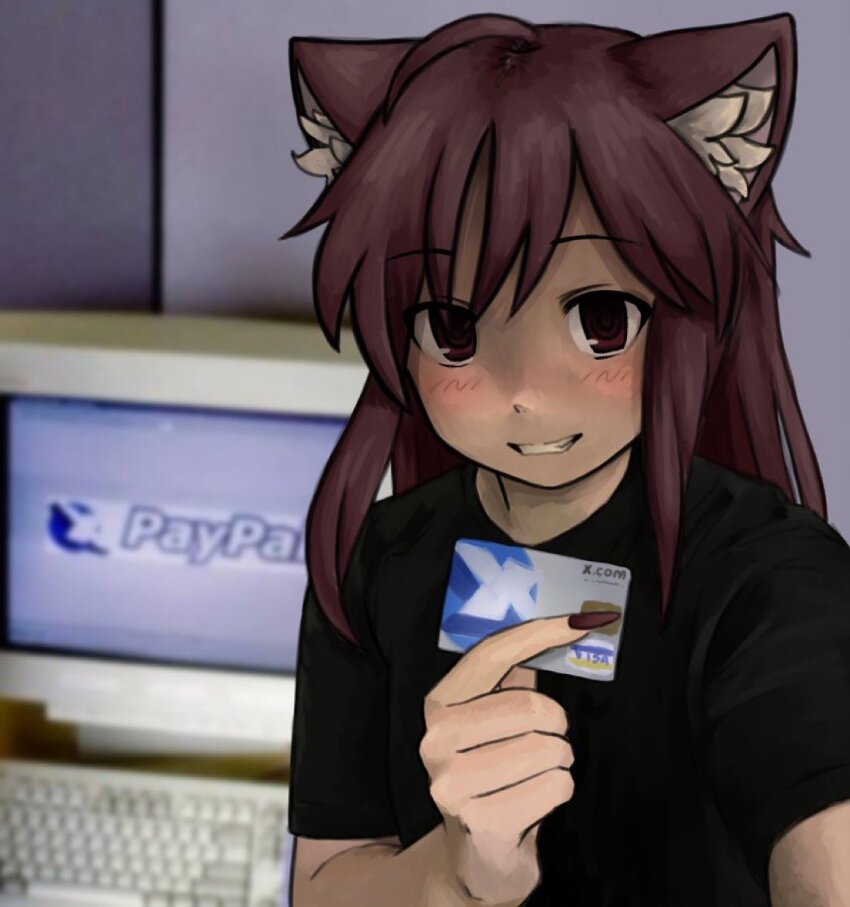 1girl 2000s_(style) ahoge animal_ear_fluff animal_ears black_shirt blush brown_eyes brown_hair brown_nails card cat_ears cat_girl commentary computer computer_keyboard credit_card crt cubicle derivative_work elon_musk english_commentary english_text female_focus fingernails grin holding holding_card indoors logo long_fingernails long_hair looking_at_viewer matching_hair/eyes monitor original parody paypal photo-referenced photo_background shirt short_sleeves sidelocks smile solo t-shirt upper_body visa zoolpal