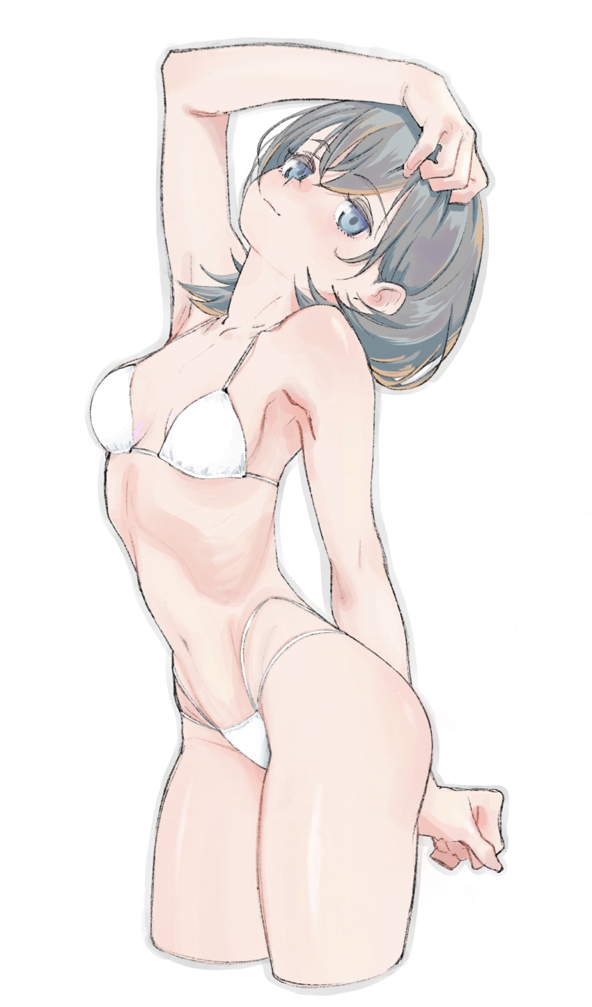 1girl absurdres arm_at_side arm_behind_back arm_up armpits bikini blue_eyes breasts closed_mouth cowboy_shot cropped_legs grey_hair head_tilt highleg highleg_bikini highres light_smile looking_at_viewer navel original ribs saitama_(antitankromeo) short_hair simple_background skinny small_breasts smile solo standing swimsuit white_background white_bikini