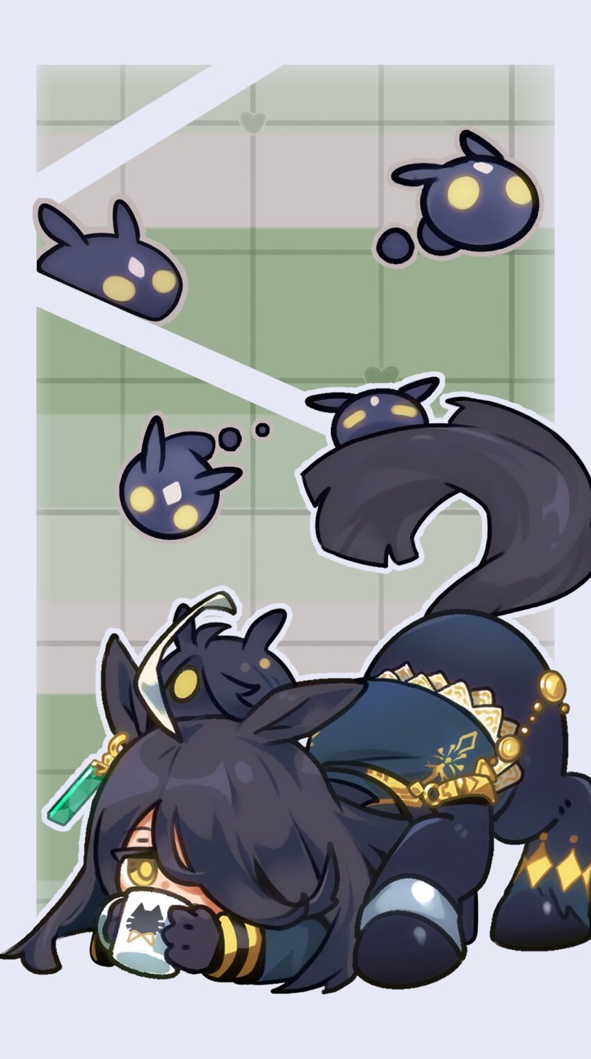 1girl ahoge animal_ears black_gloves black_hair black_jacket blob centaur coffee_mug commentary cup deformed drinking earrings gloves hair_between_eyes highres holding holding_cup horse_ears horse_tail jacket jewelry long_bangs long_hair long_sleeves manhattan_cafe_(umamusume) monster_girl monsterification mug multicolored_hair multiple_legs old-night sidelocks single_earring solo_focus symbol-only_commentary tail taur top-down_bottom-up umamusume white_hair yellow_eyes