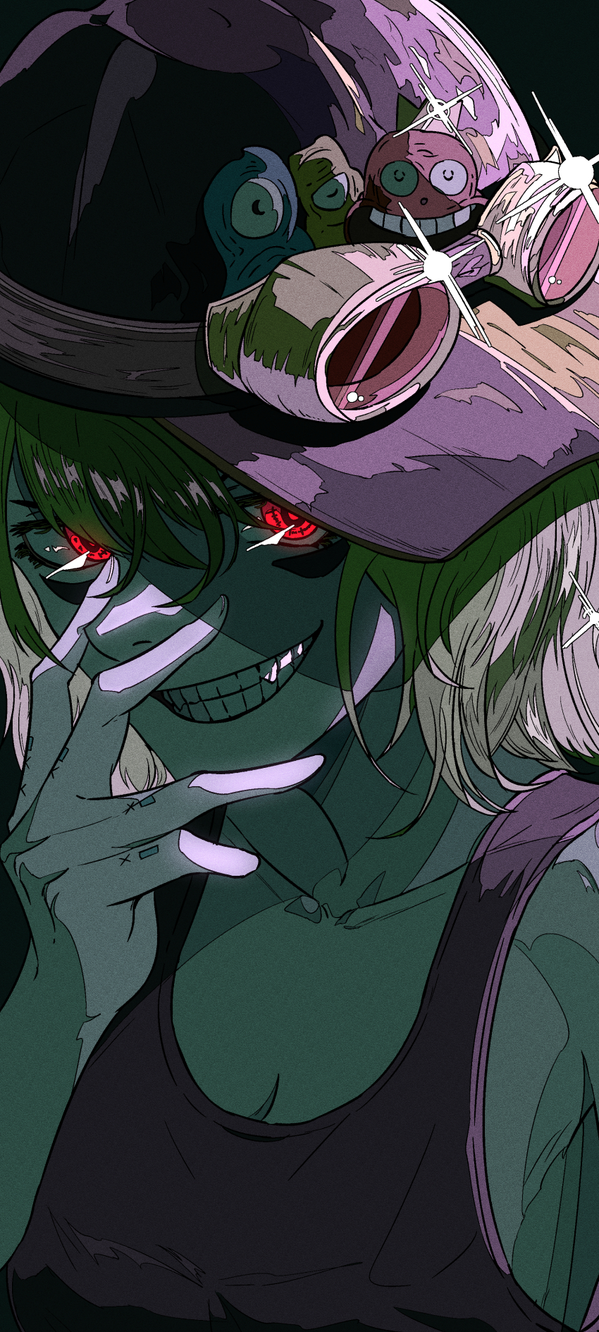 1girl absurdres baseball_cap black_background black_hat black_tank_top breasts cleavage collarbone evil_grin evil_smile glowing glowing_eyes goggles goggles_on_headwear green_hair grin gumi hand_on_own_face hand_up hat highres looking_at_viewer looking_to_the_side medium_breasts natsugu72 panda_hero_(vocaloid) red_eyes shirt sleeveless sleeveless_shirt smile solo sparkle tank_top teeth upper_body vocaloid