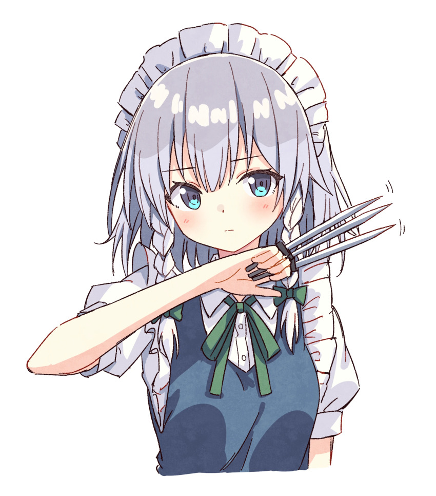 1girl absurdres between_fingers blue_eyes blush bow braid chinese_commentary closed_mouth commentary_request green_bow green_ribbon grey_hair hair_bow highres holding holding_knife izayoi_sakuya knife knives_between_fingers long_hair looking_at_viewer maid maid_headdress neck_ribbon puffy_short_sleeves puffy_sleeves ribbon setteiset short_sleeves simple_background solo touhou twin_braids upper_body white_background