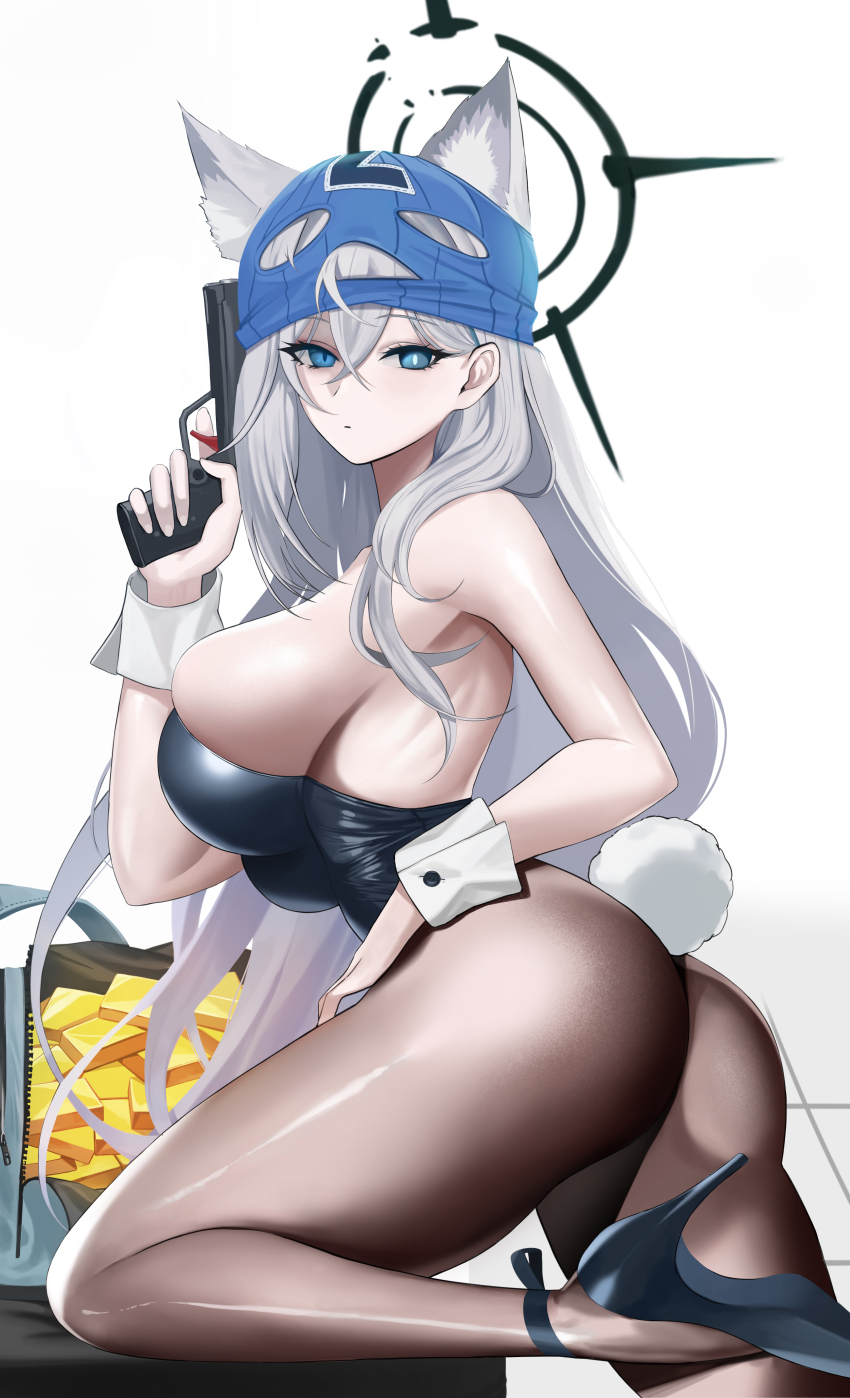 1girl absurdres animal_ear_fluff animal_ears ass black_halo black_leotard black_pantyhose blue_archive blue_eyes breasts closed_mouth commentary english_commentary feet_out_of_frame gcg grey_hair gun halo hand_on_thighs high_heels highres holding holding_gun holding_weapon large_breasts leotard long_hair looking_at_viewer mask mask_on_head mechanical_halo official_alternate_costume pantyhose playboy_bunny rabbit_tail shiroko_(blue_archive) shiroko_terror_(blue_archive) sideboob sidelocks simple_background solo standing standing_on_one_leg tail thighs variant_set weapon weapon_request white_background white_wrist_cuffs wolf_ears wolf_girl wrist_cuffs