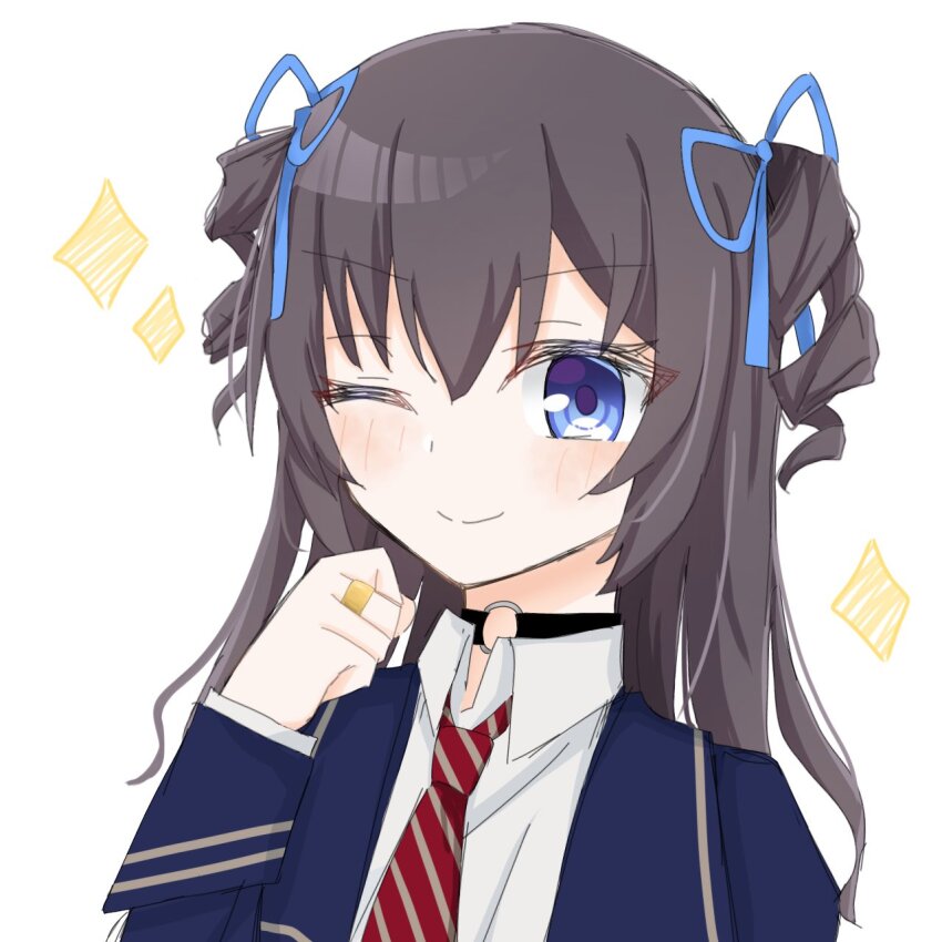 1girl ;) assault_lily black_choker black_hair blue_jacket blue_ribbon blush choker closed_mouth collared_shirt commentary diagonal-striped_clothes diagonal-striped_necktie drill_hair hair_ribbon hand_up highres jacket jewelry long_hair long_sleeves necktie o-ring o-ring_choker official_alternate_costume one_eye_closed open_clothes open_jacket portrait red_necktie ribbon ring sana_(hs_yp1) shirt simple_background smile solo sparkle striped_clothes twin_drills two_side_up v-shaped_eyebrows white_background white_shirt yokota_haruna