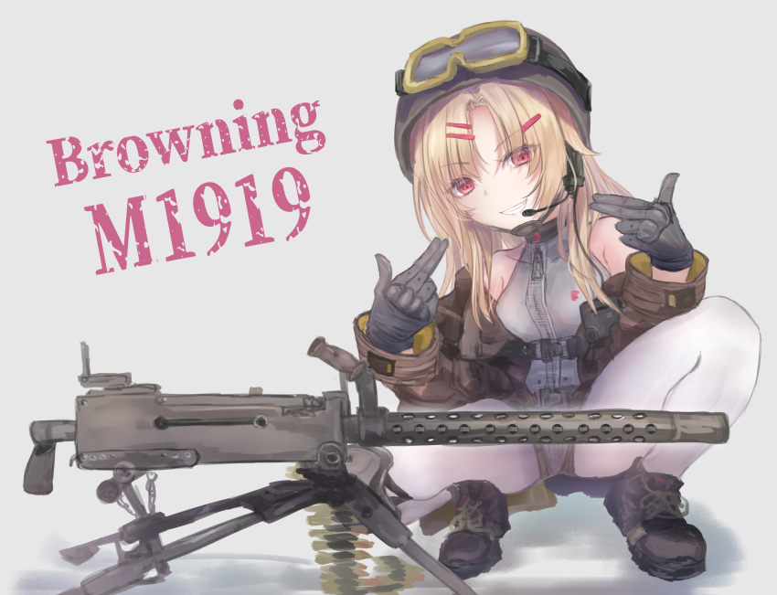 1girl absurdres ammunition ammunition_belt black_gloves blonde_hair breasts brown_footwear brown_jacket brown_shorts browning_m1919 character_name chin_strap collarbone double_finger_gun finger_gun fully_powered_cartridge girls&#039;_frontline gloves goggles goggles_on_headwear gun hair_ornament hairclip helmet highres jacket looking_at_viewer m1919a4_(girls&#039;_frontline) m1919a4_(mod3)_(girls&#039;_frontline) machine_gun martinreaction medium_breasts medium_machine_gun off_shoulder open_mouth pantyhose red_eyes rifle_cartridge shirt shorts simple_background sleeveless sleeveless_shirt solo squatting tripod weapon white_background white_pantyhose