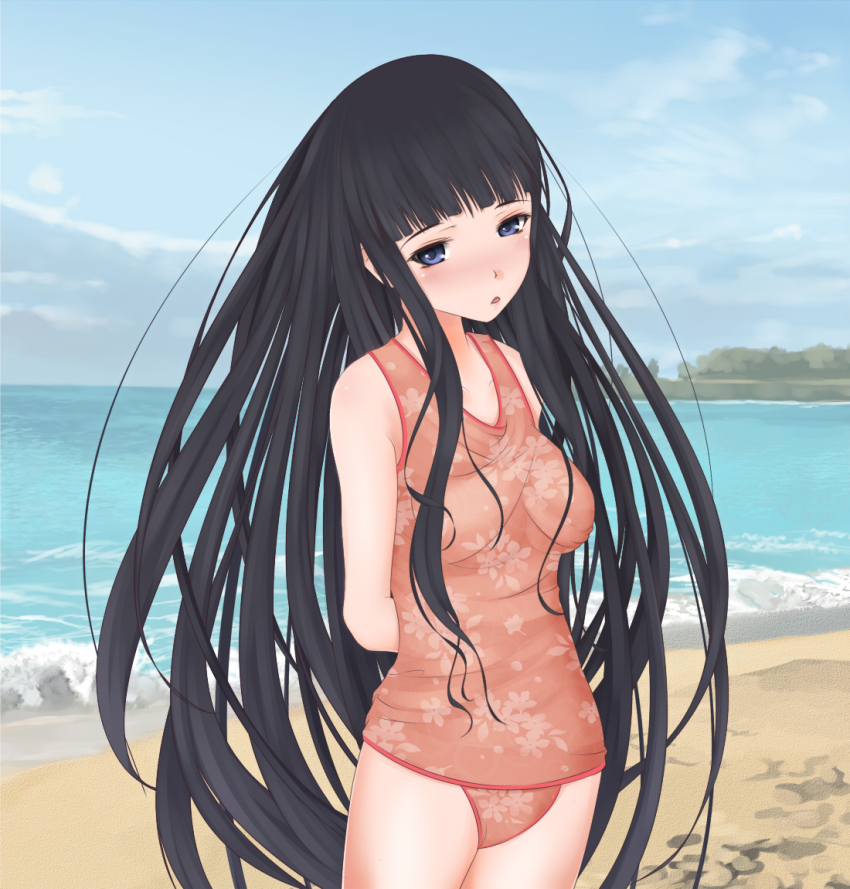 1girl arms_behind_back bare_shoulders beach blue_eyes blue_sky breasts casual_one-piece_swimsuit cloud cloudy_sky commentary_request day feet_out_of_frame floral_print hime_cut himegami_aisa light_blush long_hair looking_at_viewer medium_breasts ocean one-piece_swimsuit orange_one-piece_swimsuit outdoors parted_lips sand shin_(highest1192) sky solo standing swimsuit toaru_majutsu_no_index very_long_hair water waves