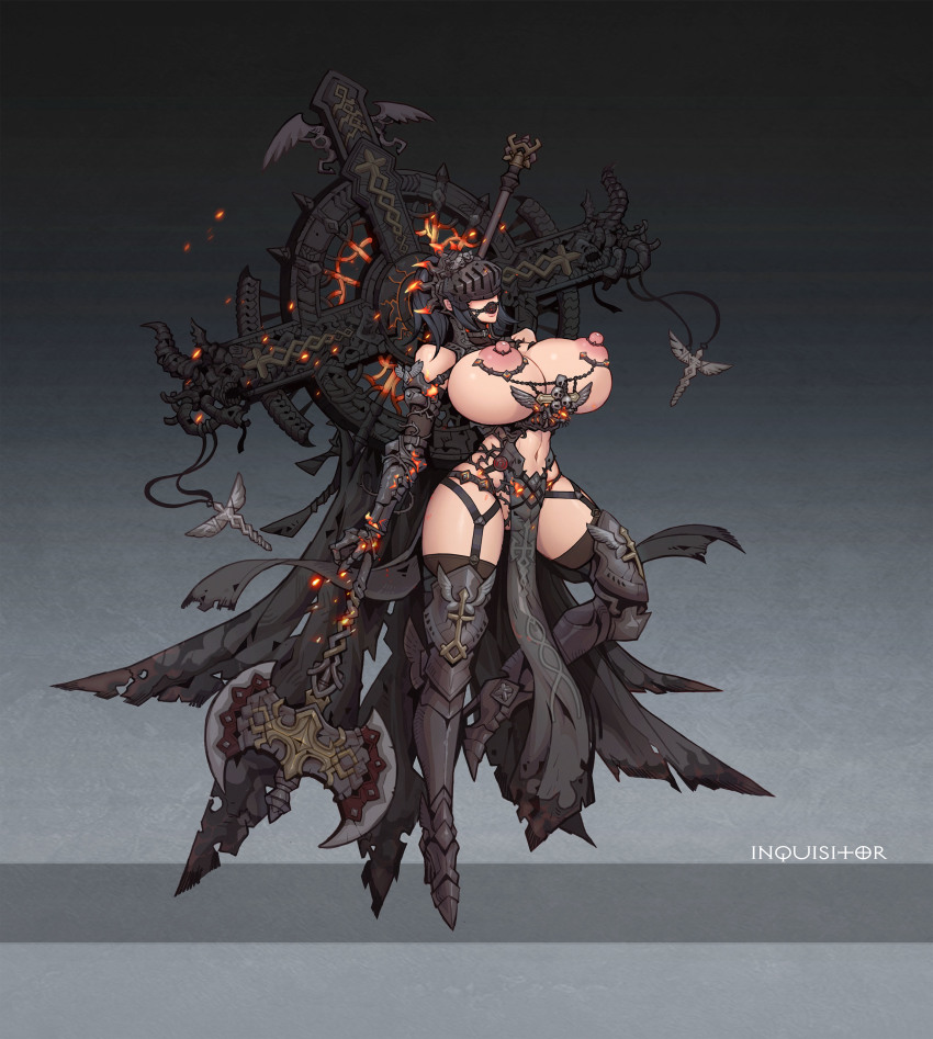1girl absurdres armor armored_boots armored_gloves armored_shoes axe ball_gag bare_shoulders black_thighhighs boots breasts dungeon_and_fighter gag gagged highres jewelry l_axe lactation large_breasts nipple_piercing piercing thighhighs thighs wide_hips