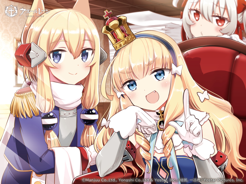 3girls absurdres aiguillette azur_lane azur_lane:_queen&#039;s_orders blonde_hair blue_eyes blunt_bangs blush commentary_request copyright_name crown drill_hair elbow_rest fang gloves hair_between_eyes hair_ribbon highres index_finger_raised indoors long_hair looking_at_viewer military_uniform mini_crown multiple_girls o3o official_art open_mouth paper queen_elizabeth_(azur_lane) red_eyes red_ribbon ribbon second-party_source smile tilted_headwear tsuchii_(ramakifrau) twin_drills valiant_(azur_lane) warspite_(azur_lane) white_gloves white_hair