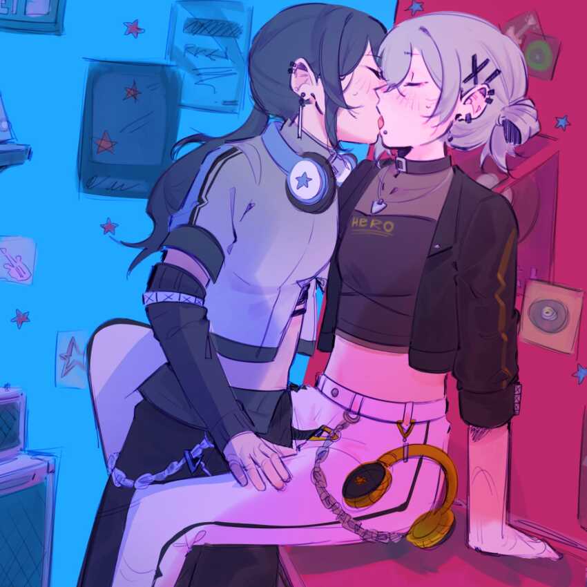 2girls amplifier belt_chain between_legs black_jacket black_shirt blush closed_eyes crop_top cropped_jacket ear_piercing french_kiss grey_jacket hand_on_another&#039;s_thigh headphones headphones_around_neck highres hinomori_shiho hoshino_ichika_(project_sekai) indoors jacket kiss lip_piercing long_hair long_sleeves mortis_da_silva multiple_girls pants piercing ponytail poster_(object) project_sekai shirt sitting sweatdrop tongue tongue_out white_pants yuri
