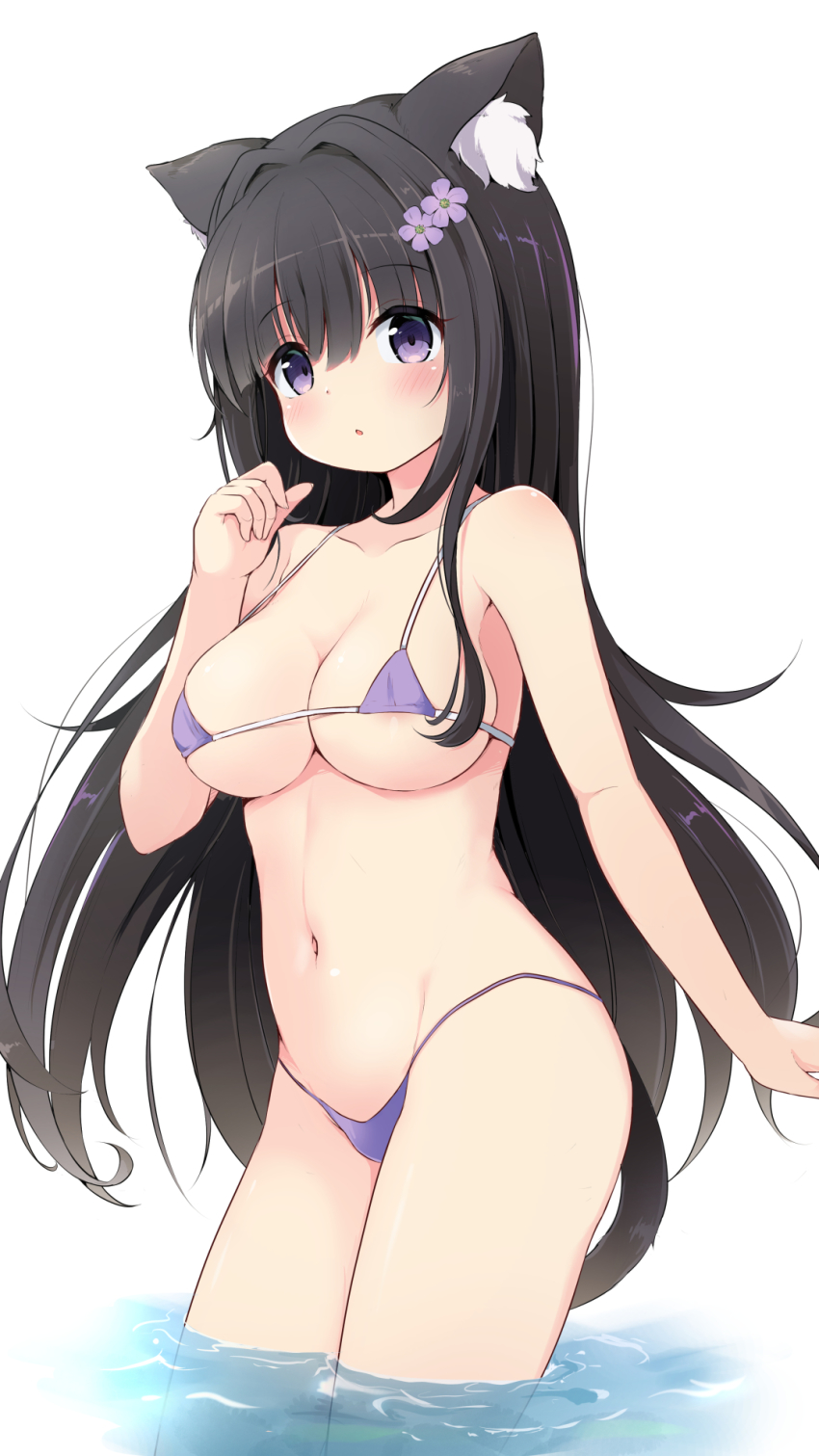 1girl :o animal_ear_fluff animal_ears arashio_(azur_lane) areola_slip azur_lane bare_arms bare_shoulders bikini black_hair blush breasts cat_ears cat_girl cat_tail cleavage collarbone commentary_request groin hair_between_eyes hand_up highres long_hair medium_breasts micro_bikini navel nekono_rin parted_lips purple_bikini purple_eyes solo standing swimsuit tail very_long_hair wading water white_background