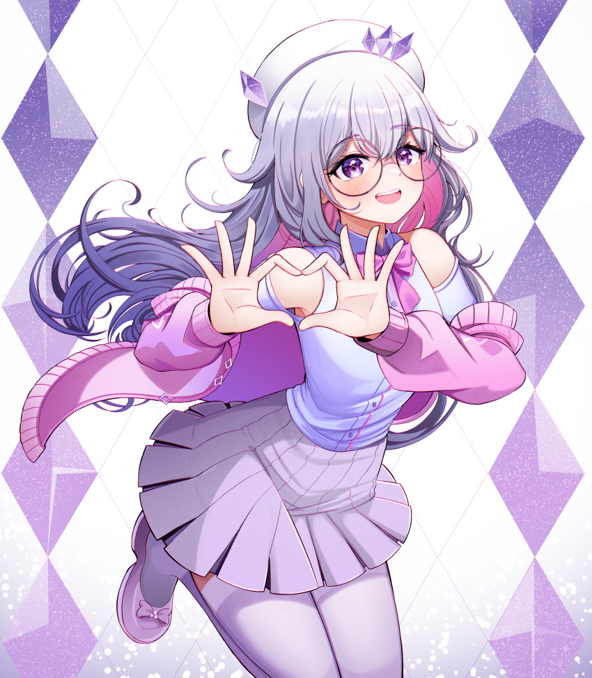 1girl absurdres alternate_costume beret colored_inner_hair four-finger_heart_hands glasses grey_hair hat heart heart_hands highres hololive hololive_english huge_filesize koseki_bijou loli looking_at_viewer megumana multicolored_hair pantyhose pink_hair shirt skirt smile solo virtual_youtuber white_hat white_pantyhose white_shirt white_skirt