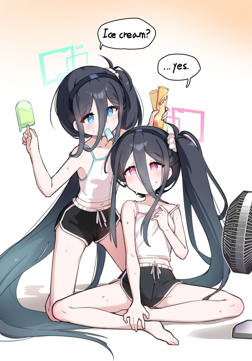 2girls absurdres aris_(blue_archive) barefoot black_hair black_hairband black_shorts blue_archive blue_eyes blue_halo breasts dolphin_shorts dual_persona english_text hair_between_eyes hairband halo highres kei_(blue_archive) kneeling kurana_(atlas) long_hair_between_eyes multiple_girls navel pink_eyes pink_halo shirt short_shorts shorts side_ponytail sitting small_breasts speech_bubble white_shirt