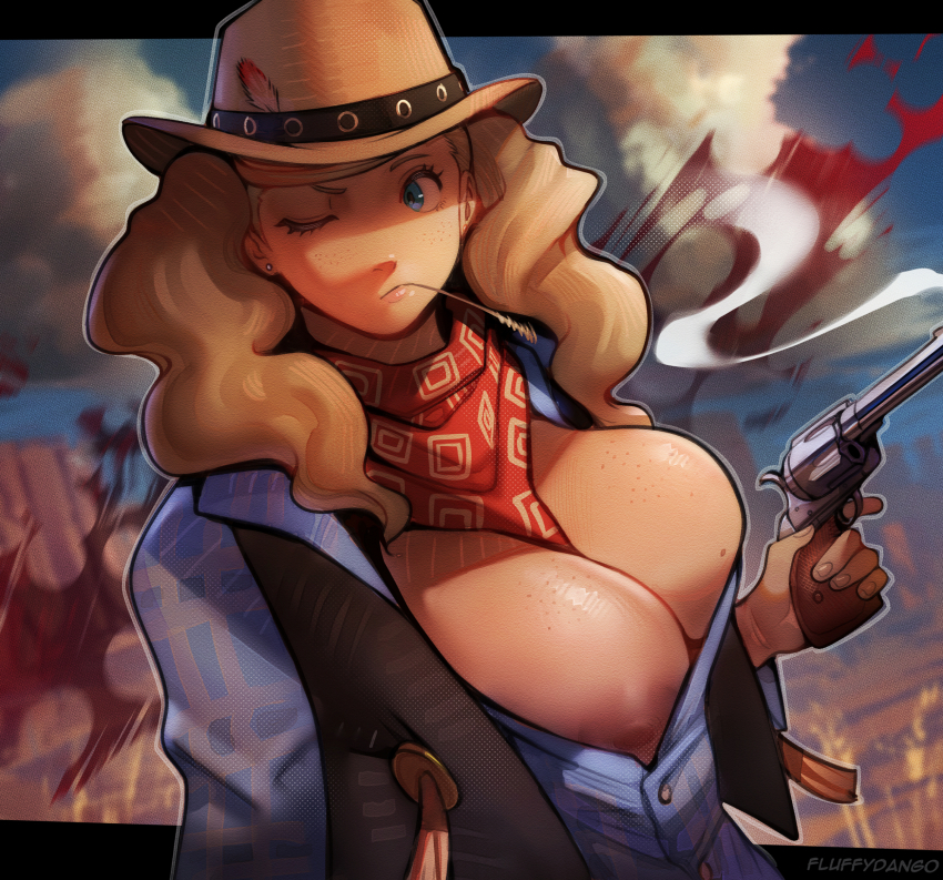 1girl black_vest blue_eyes blue_shirt body_freckles breasts brown_hair cleavage commentary cowboy cowboy_hat cowboy_western cum dark_nipples ejaculation english_commentary fluffydango freckles gun hat highres holding holding_gun holding_weapon large_breasts long_hair mole mole_on_breast mouth_hold neckerchief neckerchief_between_breasts nipple_slip nipples no_bra one_eye_closed paid_reward_available persona persona_5 plaid_clothes plaid_shirt red_neckerchief shirt smoke smoking_barrel solo stalk_in_mouth takamaki_anne twintails vest weapon western