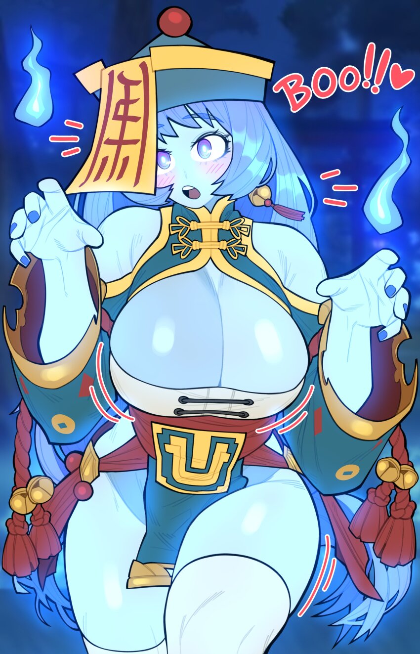 1girl absurdres alternate_breast_size_(larger) alternate_costume blue_eyes blue_hair blue_skin boku_no_hero_academia breasts chinese_clothes colored_skin commentary english_commentary english_text hado_nejire halloween halloween_costume hat highres huge_breasts jiangshi jiangshi_costume long_hair looking_at_viewer loopvoid ofuda open_mouth outstretched_arms solo thick_thighs thighs very_long_hair zombie_pose
