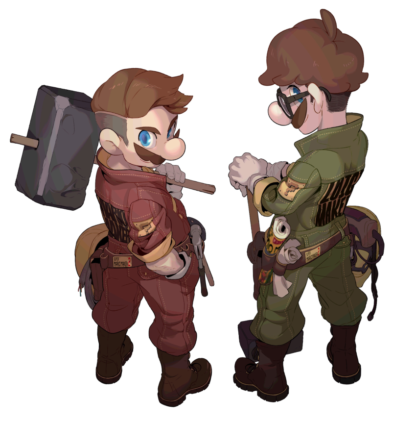2boys ?_block alternate_hairstyle bandolier belt bespectacled black-framed_eyewear blue_eyes boots brothers brown_hair facial_hair from_behind glasses gloves hammer hand_in_pocket hard_hat helmet highres luigi male_focus mallet mario mario_(series) multiple_boys mustache nintendo overalls popped_collar redlhzz siblings sleeves_pushed_up super_mario_maker super_mario_maker_2 tools undercut unworn_headwear unworn_helmet white_gloves work_gloves