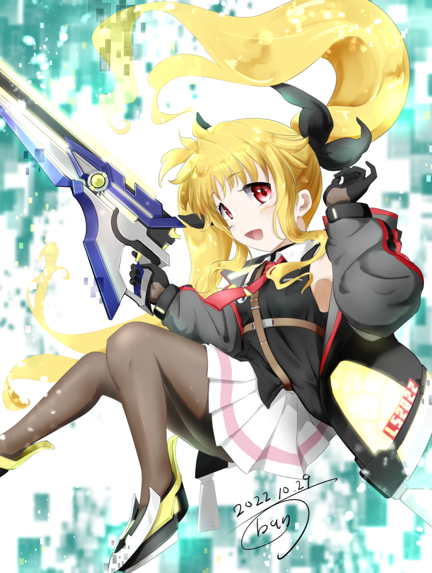 1girl alternate_weapon ban_(777purin) bardiche_(nanoha) between_breasts black_gloves black_shirt blonde_hair breasts fate_testarossa gloves gun highres holding holding_gun holding_weapon jacket lyrical_nanoha lyrical_store mahou_shoujo_lyrical_nanoha mahou_shoujo_lyrical_nanoha_a&#039;s official_alternate_costume open_clothes open_jacket pantyhose pleated_skirt red_eyes shirt shoes skirt solo strap_between_breasts twintails weapon