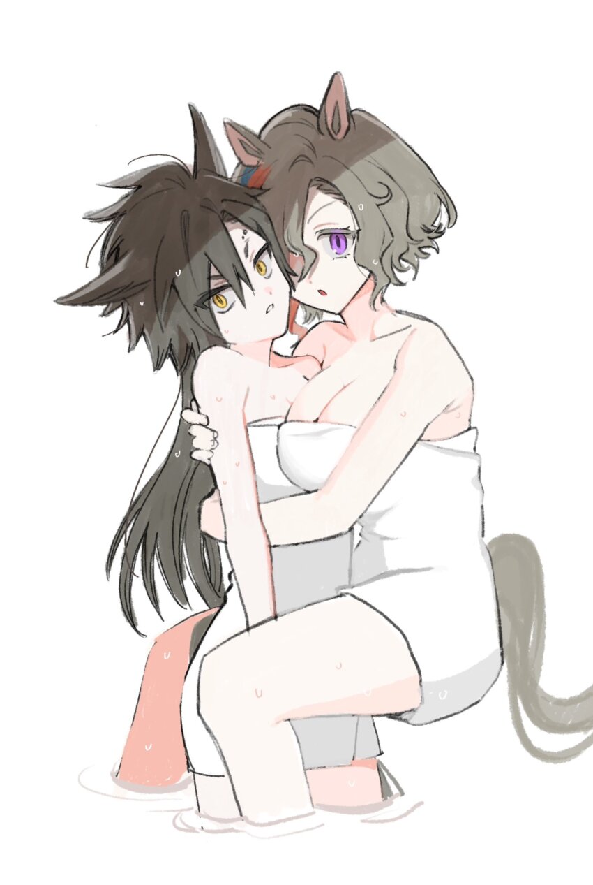 2girls :o air_shakur_(umamusume) animal_ears bare_shoulders black_hair breasts brown_hair cleavage flat_chest highres horse_ears horse_girl horse_tail hug long_hair looking_at_viewer medium_breasts multiple_girls naked_towel parted_lips purple_eyes short_hair standing tail tap_dance_city_(umamusume) towel uma_ozisan umamusume v-shaped_eyebrows wading wet yellow_eyes yuri