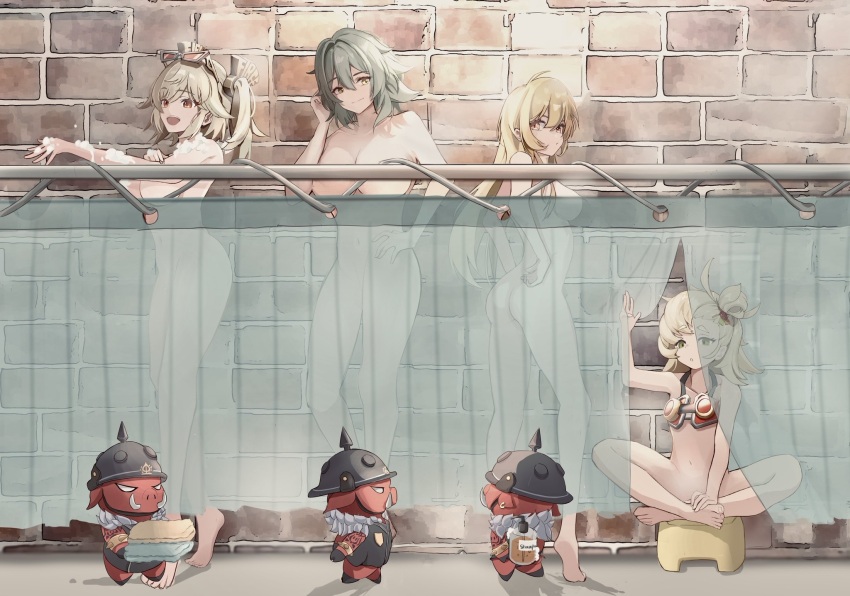 4girls alternate_hairstyle blonde_hair breasts brick_wall bricky_(zenless_zone_zero) burnice_white caesar_king_(zenless_zone_zero) censored commentary_request completely_nude convenient_censoring curtain_censoring curtains eyewear_on_head grassy_(zenless_zone_zero) green_eyes grey_hair hair_between_eyes hair_bun hair_intakes highres indian_style large_breasts long_hair luciana_de_montefio multiple_girls nude open_mouth petite pinjirooo piper_wheel red_eyes same-sex_bathing see-through_curtains shared_bathing short_hair shower_(place) shower_curtain showering sitting soap_bubbles sunglasses twintails woody_(zenless_zone_zero) yellow_eyes zenless_zone_zero