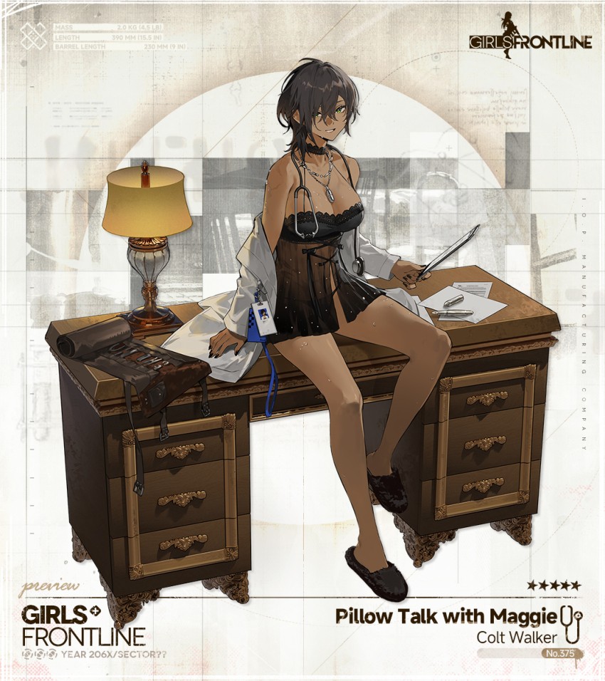 1girl babydoll bahao_diqiu black_choker black_hair black_nails black_panties black_ribbon breasts choker clipboard colt_walker_(girls&#039;_frontline) colt_walker_(pillow_talk_with_maggie)_(girls&#039;_frontline) dark-skinned_female dark_skin desk drawer earrings eyebrows_hidden_by_hair girls&#039;_frontline green_eyes grin highres holding holding_clipboard id_card jewelry lab_coat lace lace_choker lace_trim lamp lanyard large_breasts looking_at_viewer medium_hair messy_hair necklace necklace_between_breasts official_alternate_costume official_art on_desk panties paper pen ribbon sitting slippers smile stethoscope stud_earrings sweat tools tsurime underwear wooden_desk