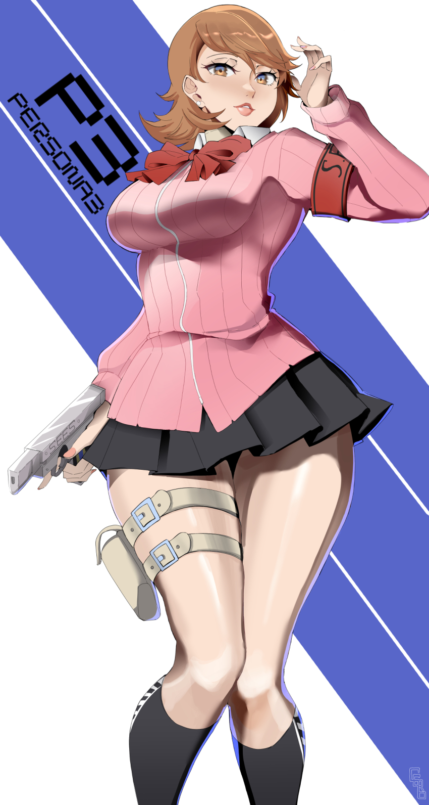 1girl armband belt_buckle black_skirt black_socks bow bowtie breasts brown_eyes brown_hair buckle cardigan ceroccb choker collared_shirt commentary copyright_name earrings evoker feet_out_of_frame flipped_hair gekkoukan_high_school_uniform gun hand_up highres holding holding_gun holding_weapon holster jewelry kneehighs large_breasts lips long_sleeves looking_at_viewer medium_hair miniskirt parted_lips persona persona_3 pink_cardigan pink_lips pink_nails pleated_skirt red_armband red_bow red_bowtie ribbed_cardigan s.e.e.s school_uniform shirt skirt socks solo standing stud_earrings takeba_yukari thigh_holster thigh_strap thighs weapon white_choker white_shirt wide_hips