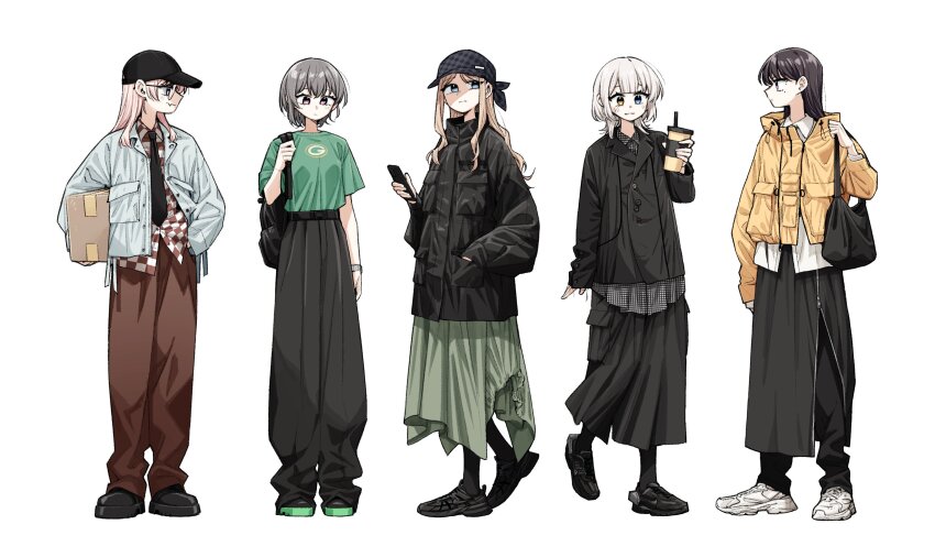 5girls absurdres bag bang_dream! bang_dream!_it&#039;s_mygo!!!!! blonde_hair blue_eyes box casual cellphone checkered_clothes chihaya_anon glasses hat heterochromia highres holding holding_phone jacket kaname_raana long_hair long_skirt long_sleeves multiple_girls nagasaki_soyo necktie neonfloyd over_shoulder pants phone pink_hair purple_eyes shiina_taki shirt shoes short_hair simple_background skirt sneakers takamatsu_tomori white_background