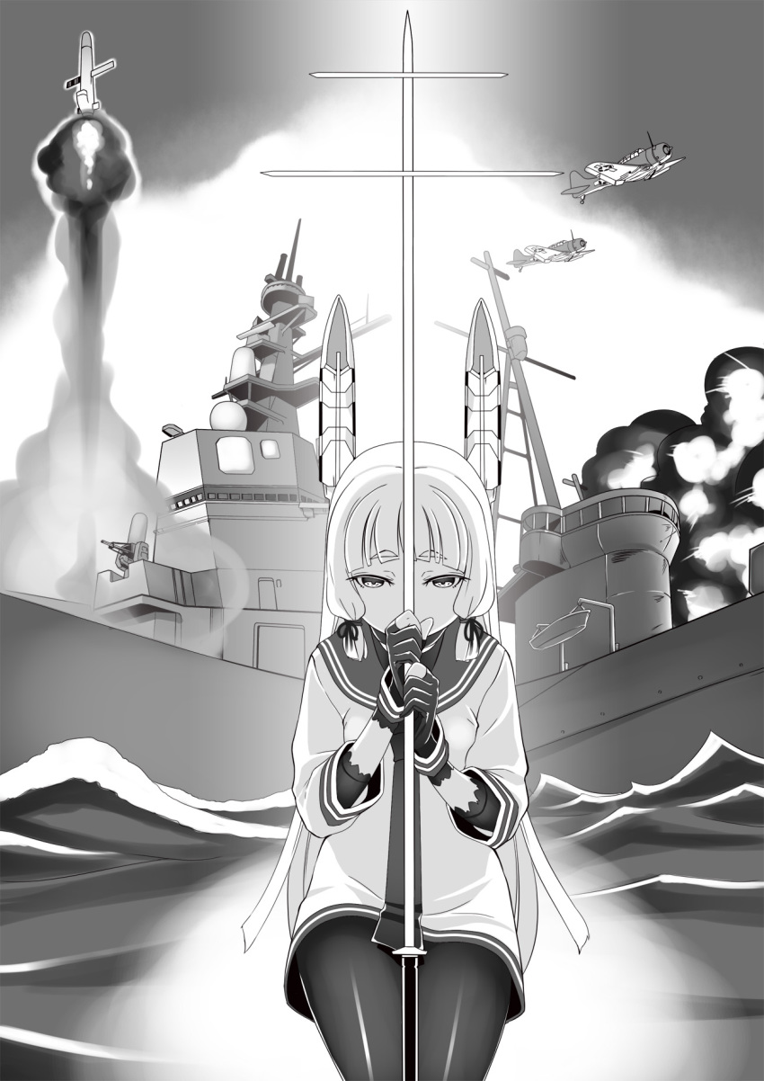 10s 1girl aircraft airplane dress fighter_jet greyscale hiememiko highres kantai_collection long_hair missile monochrome murakumo_(kancolle) pantyhose sailor_dress sbd_dauntless school_uniform serafuku ship short_dress translation_request watercraft