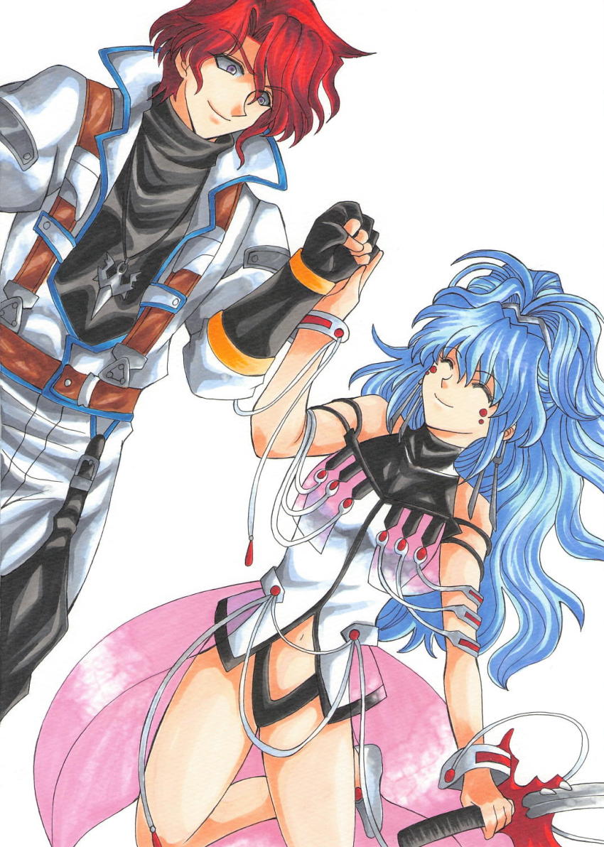 1boy 1girl alfimi axel_almer blue_hair closed_eyes fingerless_gloves gloves green_eyes holding_hands happy highres holding holding_sword holding_weapon jacket jewelry long_hair necklace ponytail red_hair simple_background smile super_robot_wars super_robot_wars_og_saga_mugen_no_frontier super_robot_wars_og_saga_mugen_no_frontier_exceed super_robot_wars_original_generation sword thong traditional_media wavy_hair weapon white_background