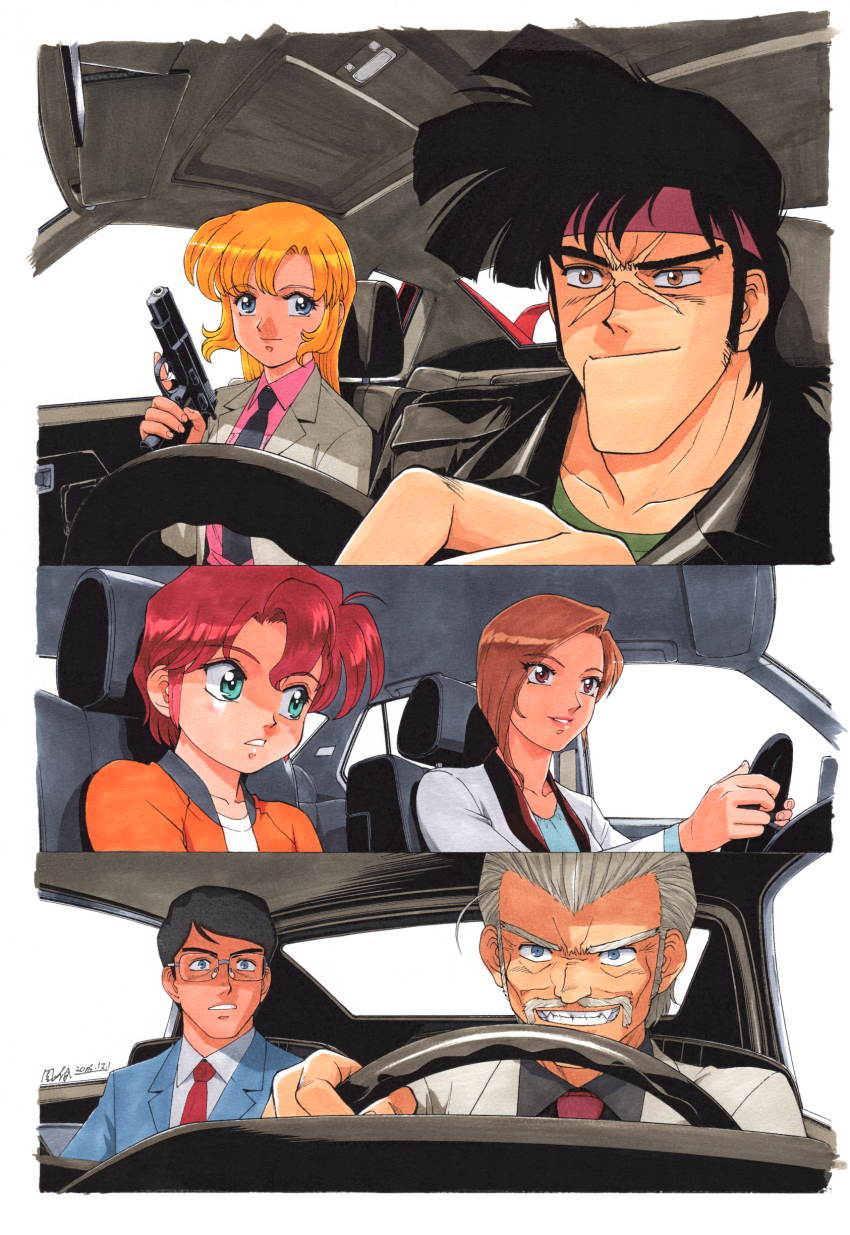 3boys 3girls absurdres bean_bandit black_hair black_necktie black_shirt blue_eyes blue_jacket brown_hair carrie_(riding_bean) closed_mouth collarbone collared_shirt cz_75 dated dick_ryan driving facial_hair green_eyes green_shirt grey_jacket grin gun hairband handgun highres holding holding_gun holding_weapon jacket long_sideburns looking_ahead looking_at_another mature_male multiple_boys multiple_girls mustache necktie official_art orange_jacket parted_lips percy_bacharach pink_shirt rally_vincent_(riding_bean) rectangular_eyewear red_hair red_hairband red_necktie retro_artstyle riding_bean scan scar scar_on_face semmerling shirt short_hair sideburns signature smile sonoda_ken&#039;ichi steering_wheel third-party_source vehicle_interior weapon white_jacket white_shirt