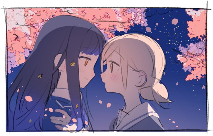 2girls azusawa_kohane blue_jacket blush brown_hair cherry_blossoms chinese_commentary closed_mouth commentary_request eye_contact falling_petals from_side grey_shirt hand_on_another&#039;s_shoulder jacket jingzhaowhale light_brown_hair long_hair looking_at_another multiple_girls night open_mouth orange_eyes outdoors petals profile project_sekai purple_hair sailor_collar shiraishi_an shirt short_twintails smile twintails white_sailor_collar yuri